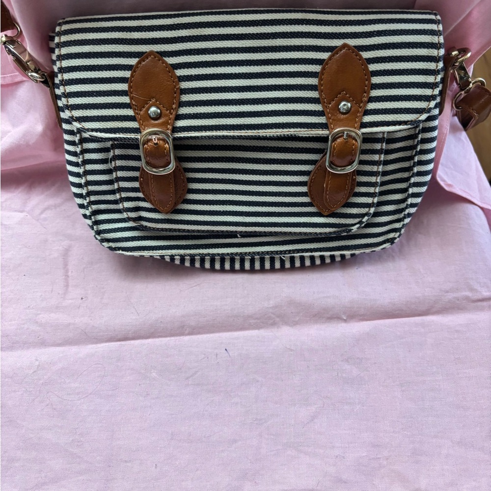 Street Level Blue and White Striped Crossbody Bag with Brown Accents